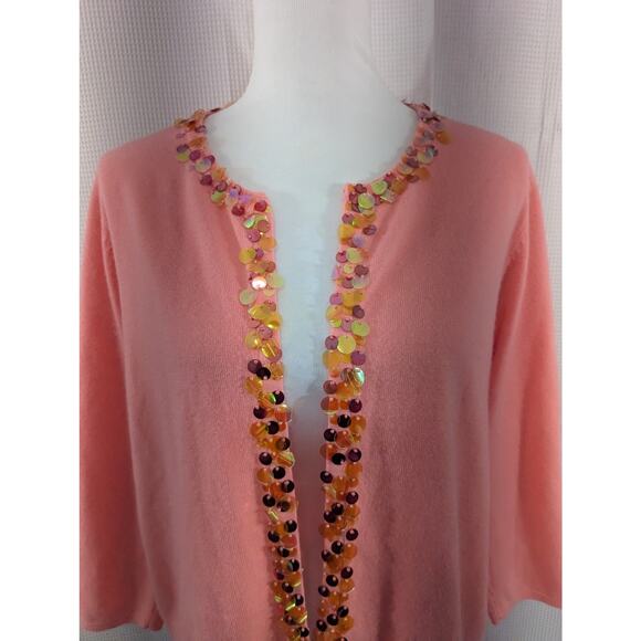 NWOT! RQT! BRIGHT CORAL/SALMON W/IRIDESCENT SEQUIN DETAIL CARDI SWEATER! SZ XL - Picture 3 of 8